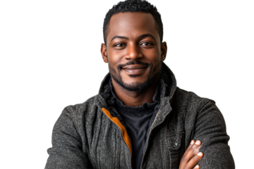 Smiling man poses confidently with arms crossed
