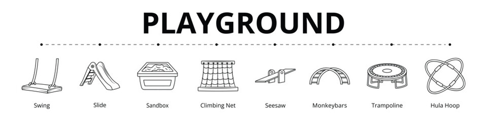 Playground Line Banner Web Icon Set Vector Illustration, Swing Slide Sandbox Climbing Net Seesaw Monkey bars Trampoline Hula Hoop 
