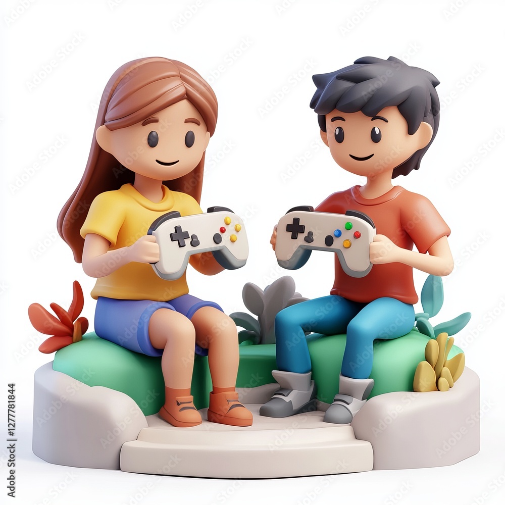 Poster fun 3d characters playing video game on a white background