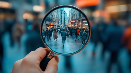 Focusing on a busy city street through a magnifier.