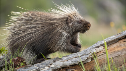 Porcupine walking on log in natural setting, showcasing its quills