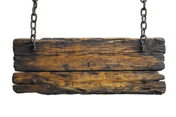 A weathered wooden sign hanging from chains, suitable for signage or decoration.