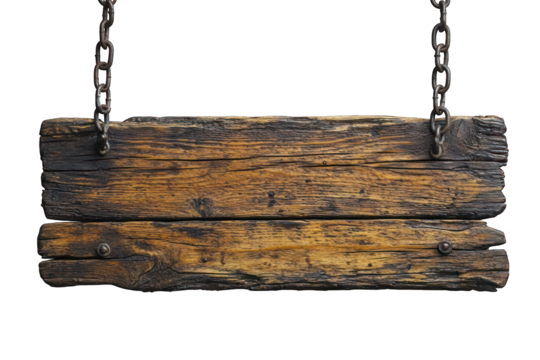 A weathered wooden sign hanging from chains, suitable for signage or decoration.