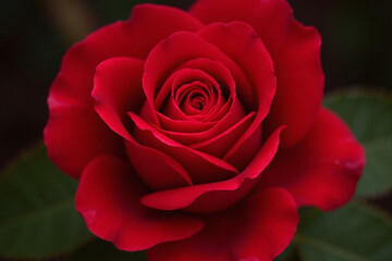 Single red rose full bloom green leaves blurred background romantic