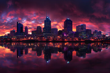 Fototapeta premium Stunning Nashville skyline at sunset, reflected in calm waters; vibrant pink and purple clouds.