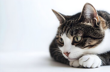 Fototapeta premium The cat is thinking about something, white background, high resolution photography, professional color grading, soft shadows, no contrast, clean sharp focus digital photography. High quality photo