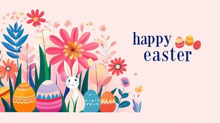 Obraz premium Easter card in pastel colors: cute bunny and colorful easter eggs and flowers on pink background with text 
