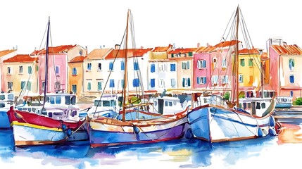 Fototapeta premium Watercolor Painting of Colorful Boats Moored in a Picturesque Harbor Town.