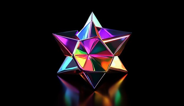 Iridescent star geometry, dark background, 3D render, design