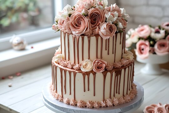 A rose gold and white birthday theme with a two-tier cake adorned with metallic drips and fresh flowers