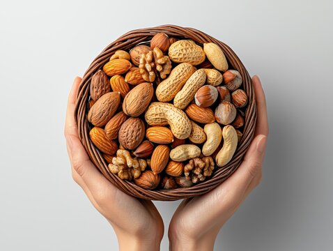 A hands holding a basket of assorted nuts.