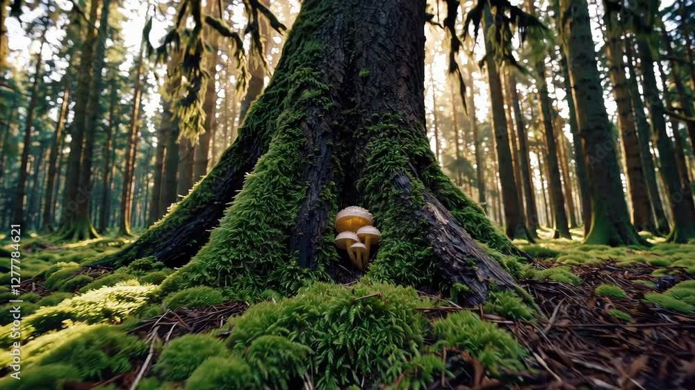 Poster cluster of glowing mushrooms in a forest with dewdrops and moss-covered tree trunk, nature's wonder 