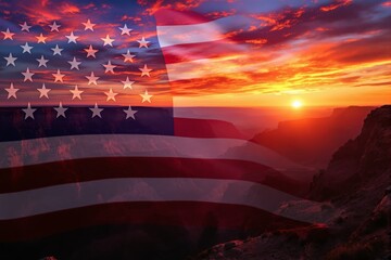 Transparent USA flag overlay on a scenic Grand Canyon sunset background, symbolizing patriotism, nature, and national pride. Ai generative
