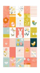 vintage easter composition : easter card with eggs, decor, birds, dragonflies and rabbits