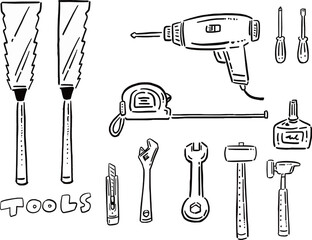 いろいろな工具や道具の線画　イラストセット