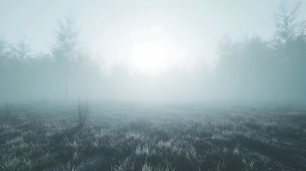 Serene misty morning in a forest clearing, sun peeking through fog, tranquil landscape, peaceful atmosphere, grass field.