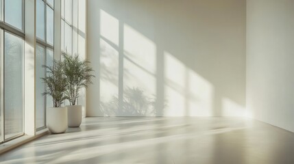 Fototapeta premium A beautifully designed minimalist home interior with natural light streaming through large windows