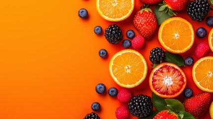 Colorful fruits arranged on a vibrant orange background.