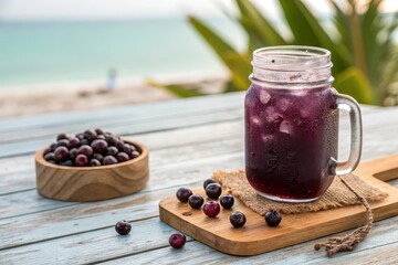 Chilled Acai Berry Juice in Mason Jar with Fresh Berries on Wooden Board