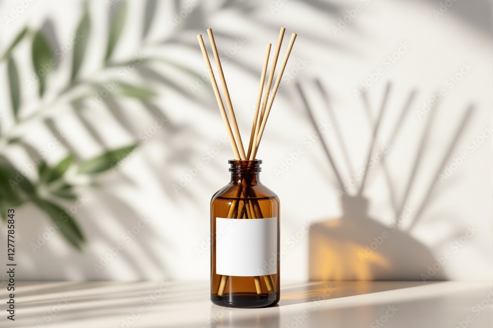 Poster aromatherapy reed diffuser bottle with blank label on a white surface, casting soft shadows with gre