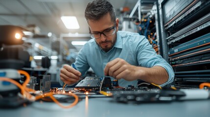 A technician works meticulously on circuit boards amid a tech environment, showcasing expertise in electronics and repair.