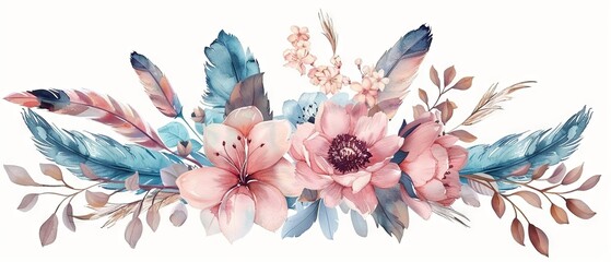 Vintage watercolor floral composition, pink & blue botanical bouquet with delicate feather accents and elegant blooms isolated