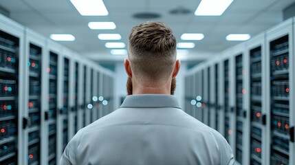 A person stands in a server room, observing rows of servers, emphasizing technology and data management.
