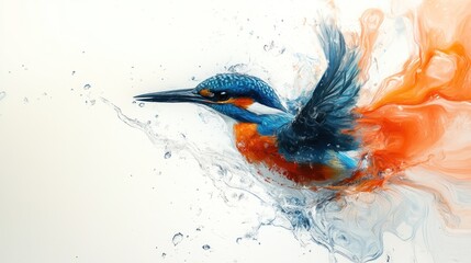 Kingfisher diving, water splash, abstract art, nature background, website banner