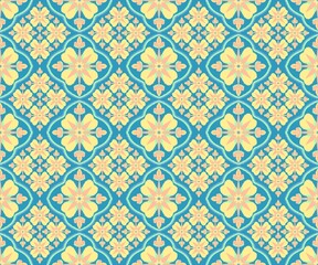 Ikat flower orange yellow geometric in blue pattern