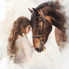 Woman And Horse clipart. Creative Generative Watercolor illustration. Detailed illustration 