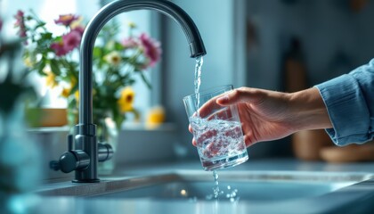 A hand fills a glass with fresh water from a kitchen tap in a bright modern kitchen