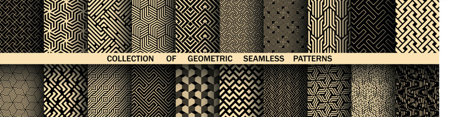 Geometric set of seamless black and golden patterns. Simple vector graphics