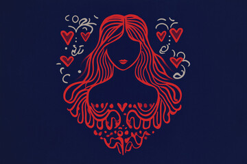 Decorative Line Art of Woman with Hearts