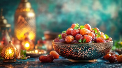 Naklejka premium Sweet Dates in Ornate Bowl with Festive Lighting