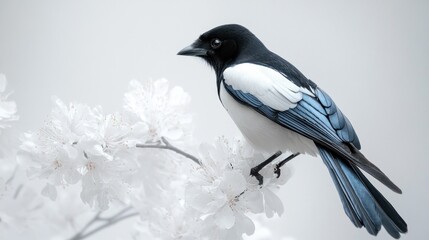 Magpie perched on cherry blossom branch, spring, serene background, nature photography