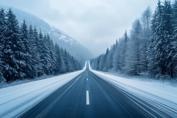 Scenic winter road through snowy forest mountains for travel, adventure, nature