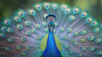 Obraz premium Majestic peacock displays its plumage in a lush garden