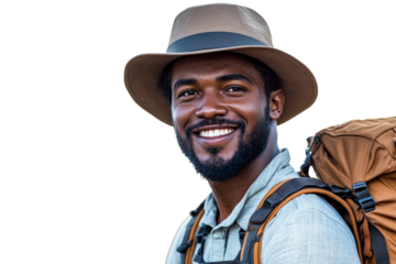 Happy hiker with backpack loves nature