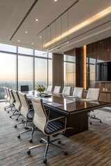 Modern Conference Room with Dark Wood Table and Cityscape View