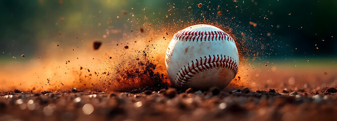 Baseball ball hitting the ground creating dust. Dynamic action shot of the game.