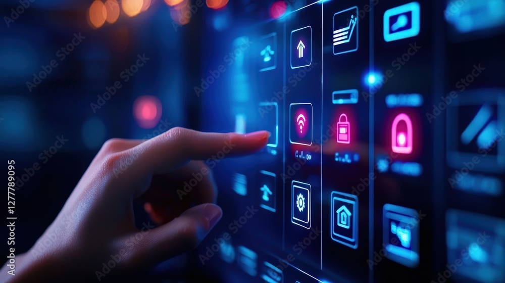 Poster a hand interacts with a futuristic touchscreen interface featuring various digital icons in vibrant 