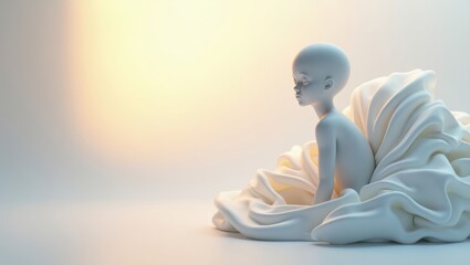 Fototapeta premium Abstract Figure in Dreamlike Setting. A serene, abstract figurine with a soft, delicate form is nestled within elegant fabric. The scene is bathed in a gentle light.