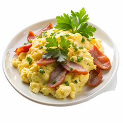scrambled eggs served with bacon and green on whit