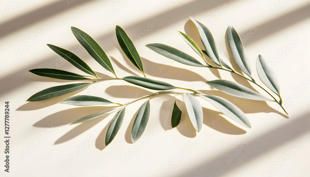 Poster elegant olive branch with delicate leaves casting shadows on a beige background. perfect for minimal