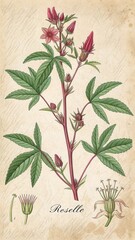 Roselle Plant Displaying Growth Stages with Flowers and Seed Pods