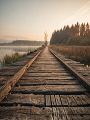 Obraz premium Rustic Wooden Walkway Extending into Misty Sunrise Landscape