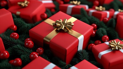 Obraz premium Dark red gift boxes with golden ribbons on pine branches and red berries. Photorealistic flat lay, perfect for holiday marketing and festive projects