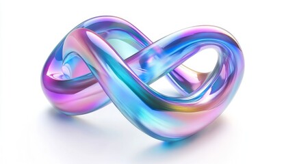 Iridescent glass infinity loop on white; abstract design