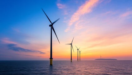 Wind turbines generate renewable energy at sea at sunset for sustainability