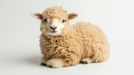 Fototapeta premium Cute lamb sitting, white background, farm animal